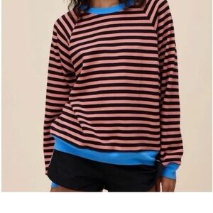 Daydreamer Striped Grapefruit and Black Sweatshirt with Blue Accents. NWT